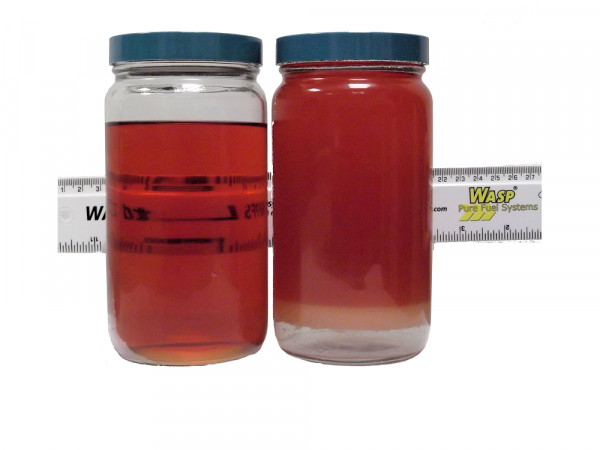 Fuel Polishing Results (The sample on the right was removed from the bottom of a fuel tank. The cloudy appearance shows the contamination and there is free water at the bottom of the jar. The left example is after one pass through a WASP Fuel Polishing Machine)