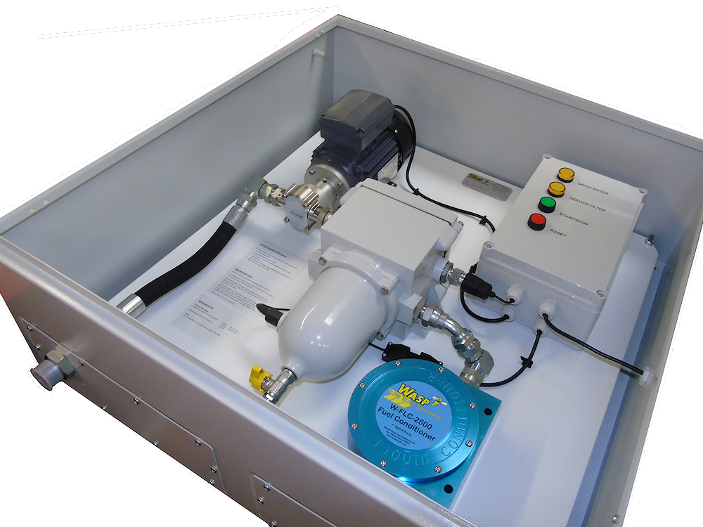 25lit/min enclosure (25 lit/min fuel polishing system which removes particulate, bacteria and free water. Complete with a PLC control box to programme when to run.)