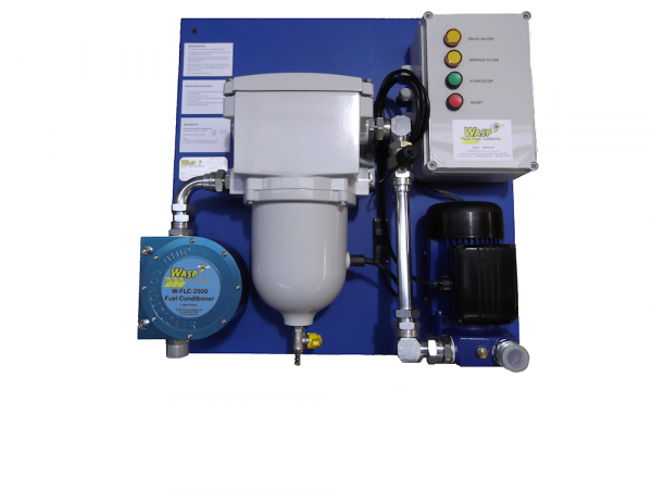 40lit/min wall mounted (40 lit/min fuel polishing system which removes particulate, bacteria and free water. Complete with a PLC control box to programme when to run.)